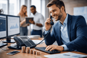 Professional office setting showing a business professional speaking on the phone while working on a computer, representing customer communication and monetised support services in a modern workplace