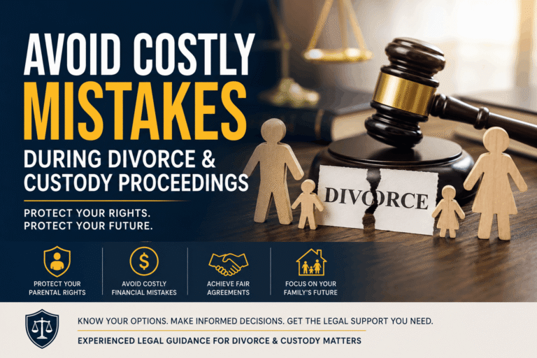 Family law featured image showing divorce, child custody, and legal guidance concepts with a courtroom gavel and family figures.