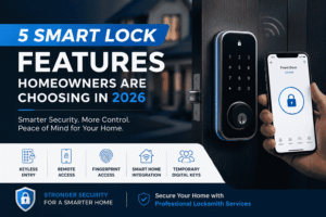 Smart lock security banner showing keyless entry, remote access, fingerprint unlock, smart home integration, and temporary digital keys for modern homeowners in 2026.