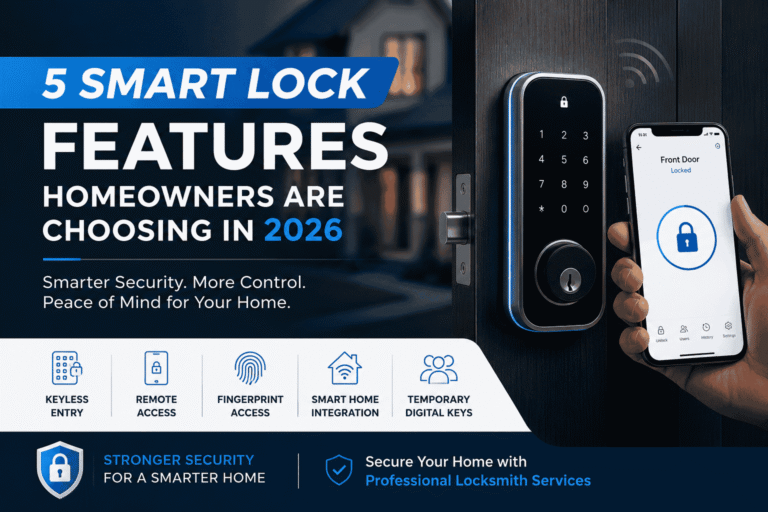 Smart lock security banner showing keyless entry, remote access, fingerprint unlock, smart home integration, and temporary digital keys for modern homeowners in 2026.