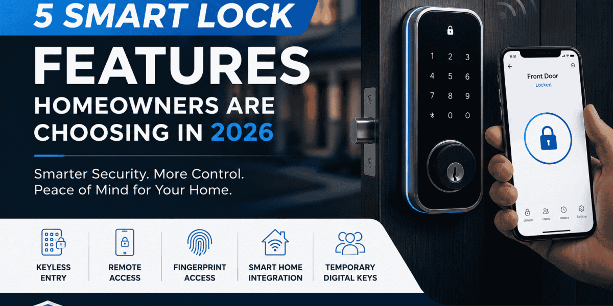 Smart lock security banner showing keyless entry, remote access, fingerprint unlock, smart home integration, and temporary digital keys for modern homeowners in 2026.