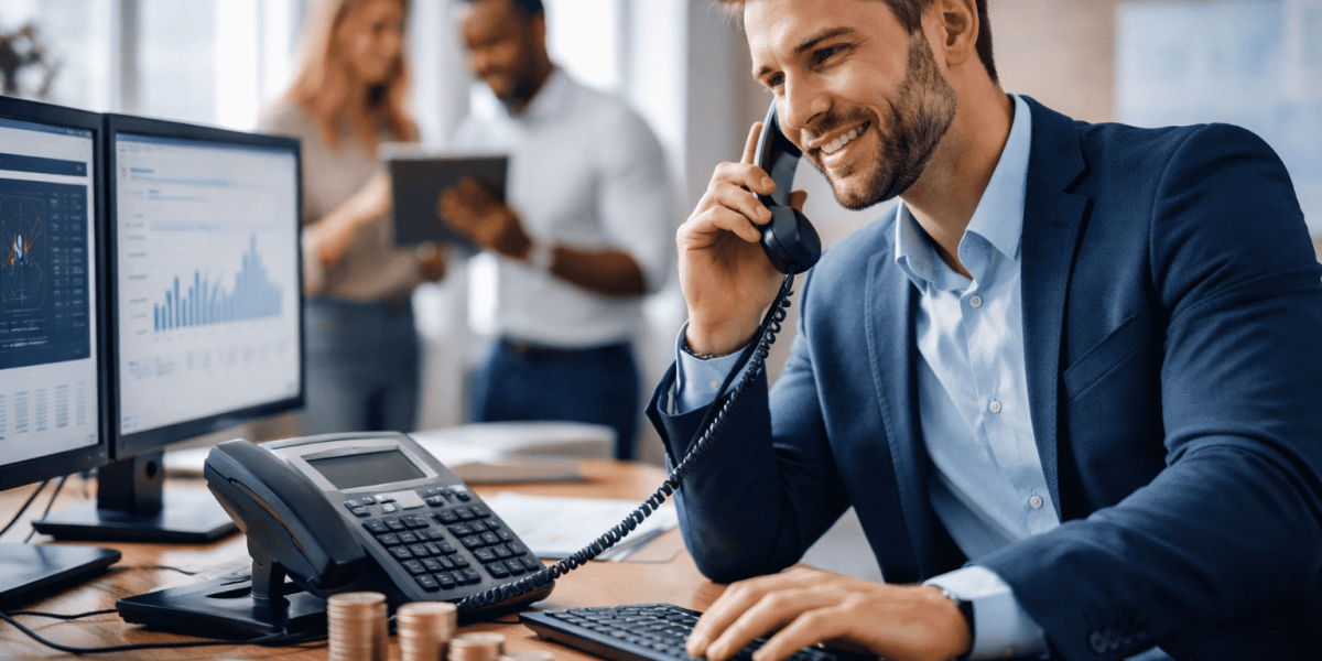 Professional office setting showing a business professional speaking on the phone while working on a computer, representing customer communication and monetised support services in a modern workplace